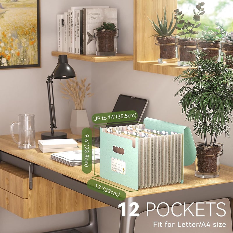 EcoStash Accordion File Organizer, 12 Pockets Wheat Straw Expanding File Folder, Portable Monthly Paper Bill Tax Receipt Organizer, Letter A4 Size Document Holder，Green Office with Colorful Tab，Mint Green - Image 2
